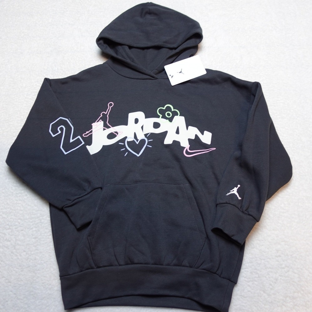 Jordan Girls Graphic Pullover Hoodie Small Off Noir Black Cotton Blend NWT